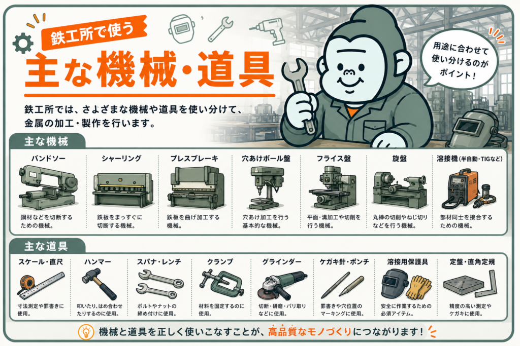 鉄工所で使う主な機械や道具を表した図