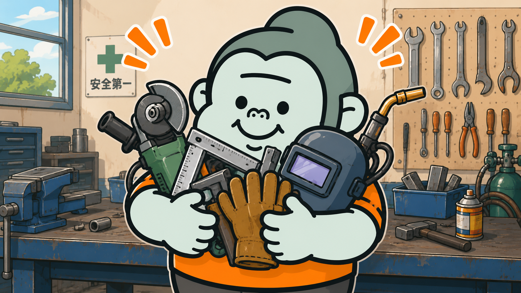 鉄工所の親方キャラクターがグラインダーや溶接トーチなどの工具を抱えているイラスト