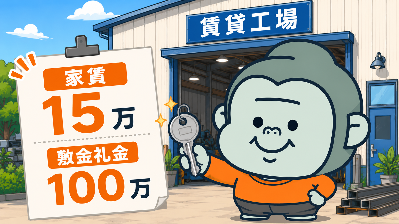 鉄工所の親方キャラクターが賃貸工場の鍵を持って入口に立っているイラスト
