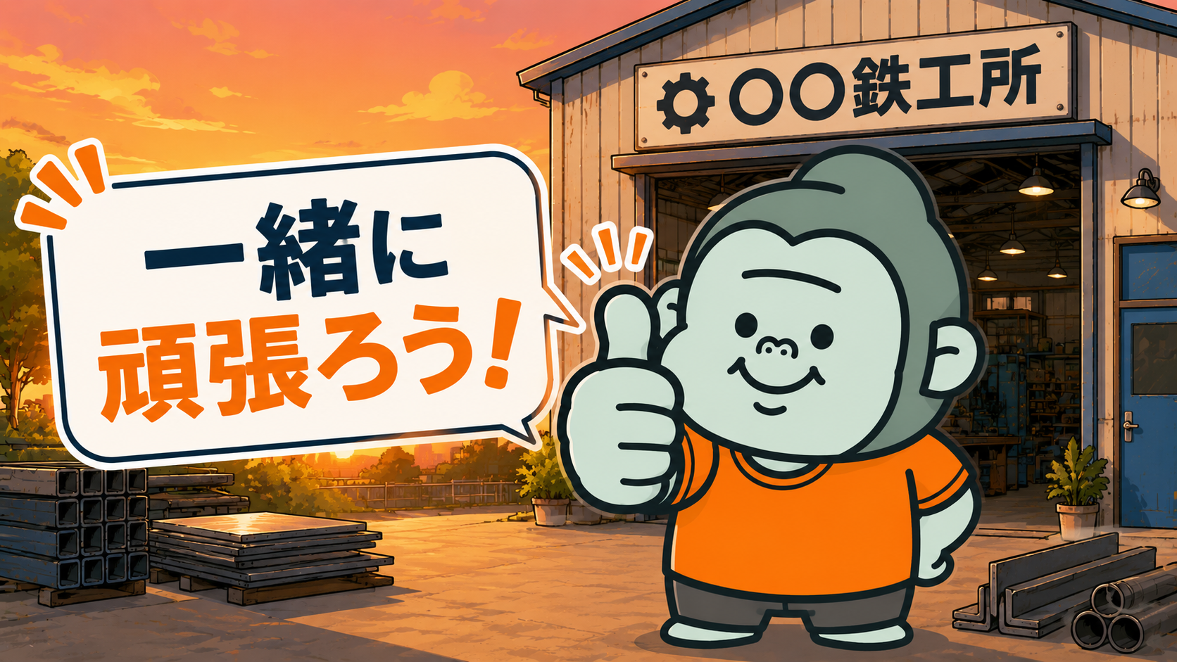 鉄工所の親方キャラクターが夕暮れの工場の前で「一緒に頑張ろう」と笑顔で語りかけているイラスト