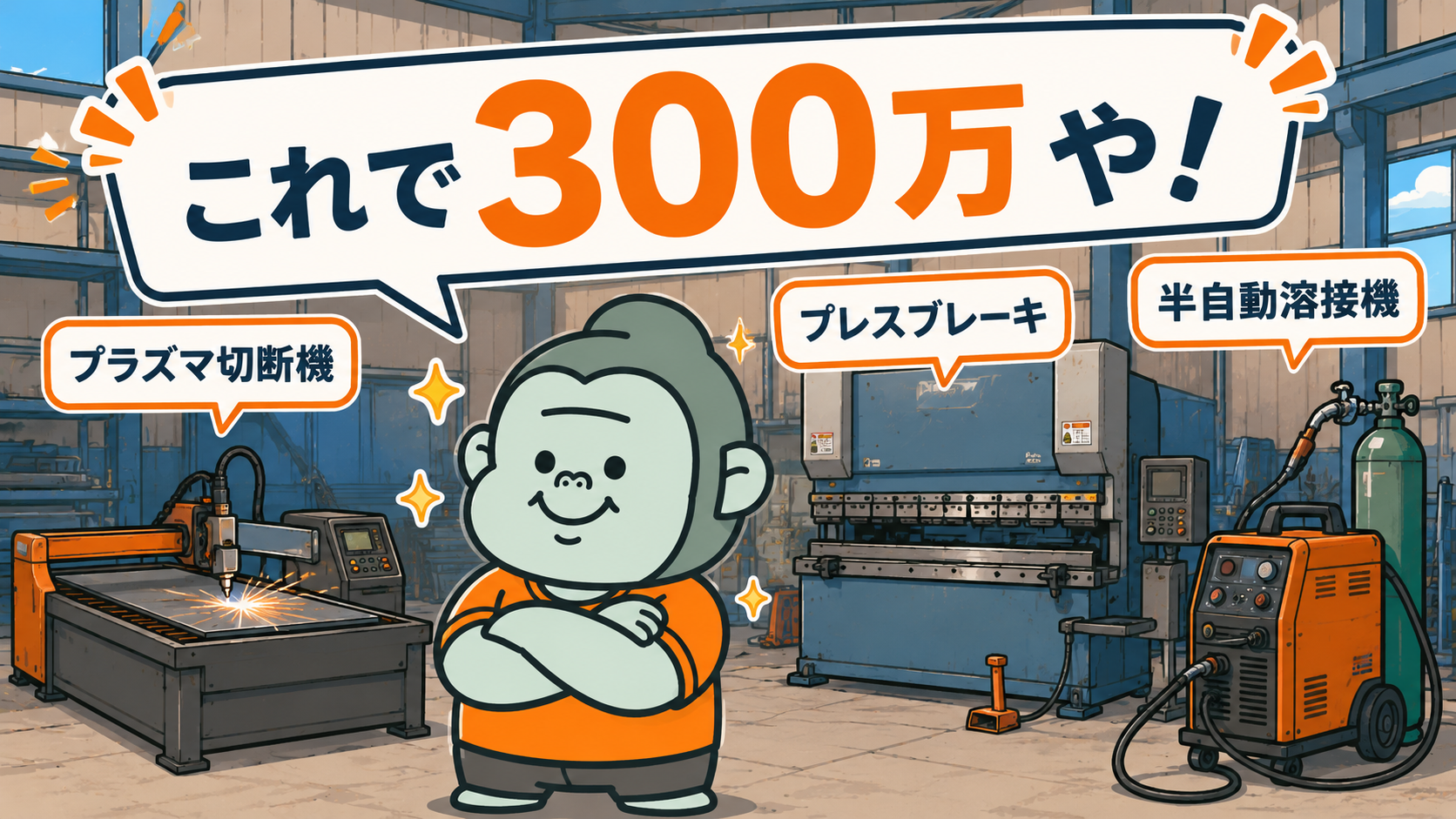 鉄工所の親方キャラクターがプラズマ切断機・プレスブレーキ・溶接機の前で設備を紹介しているイラスト