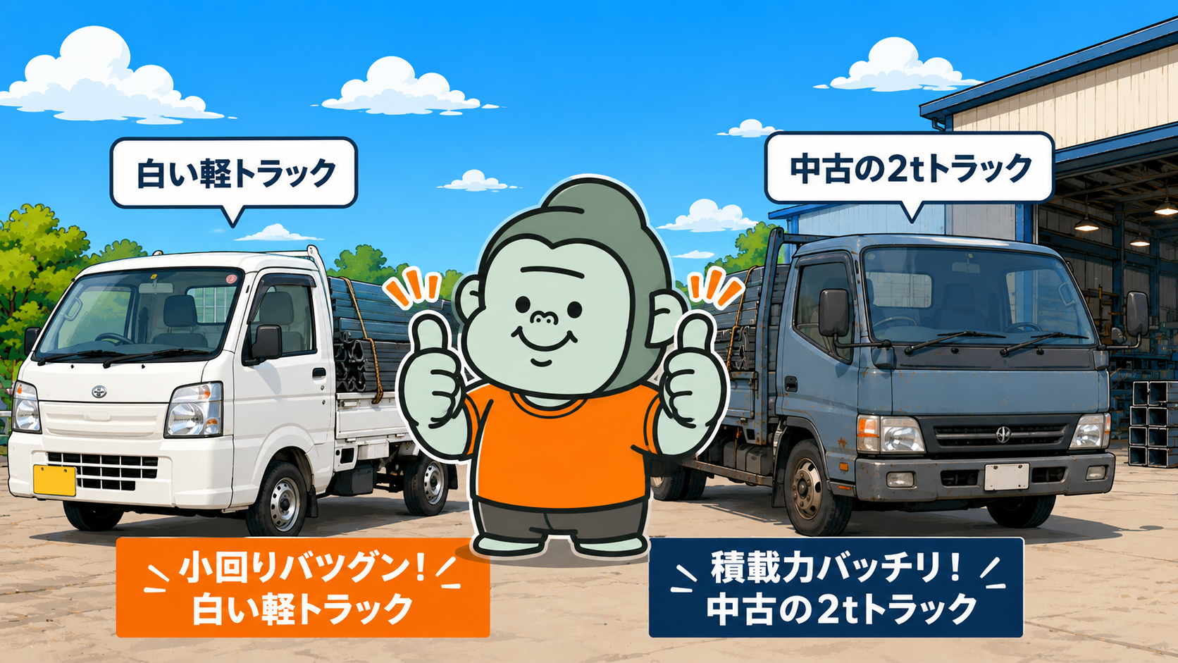 鉄工所の親方キャラクターが軽トラックと2tトラックの間でサムズアップしているイラスト