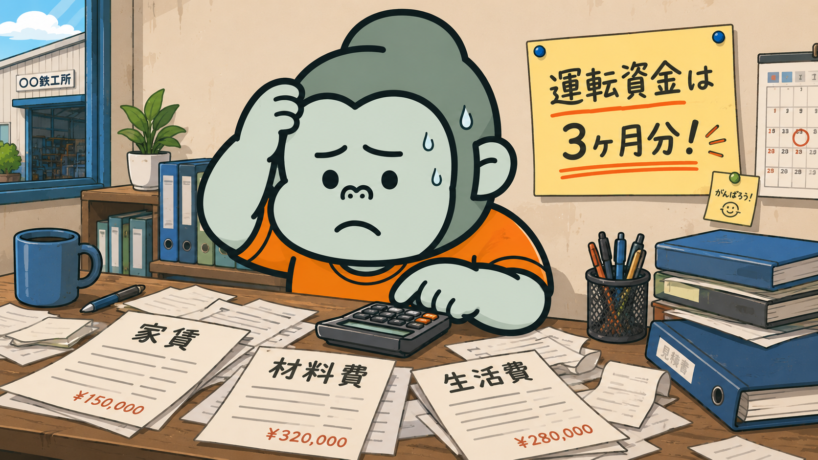 鉄工所の親方キャラクターが事務机で電卓を叩きながら運転資金に頭を悩ませているイラスト