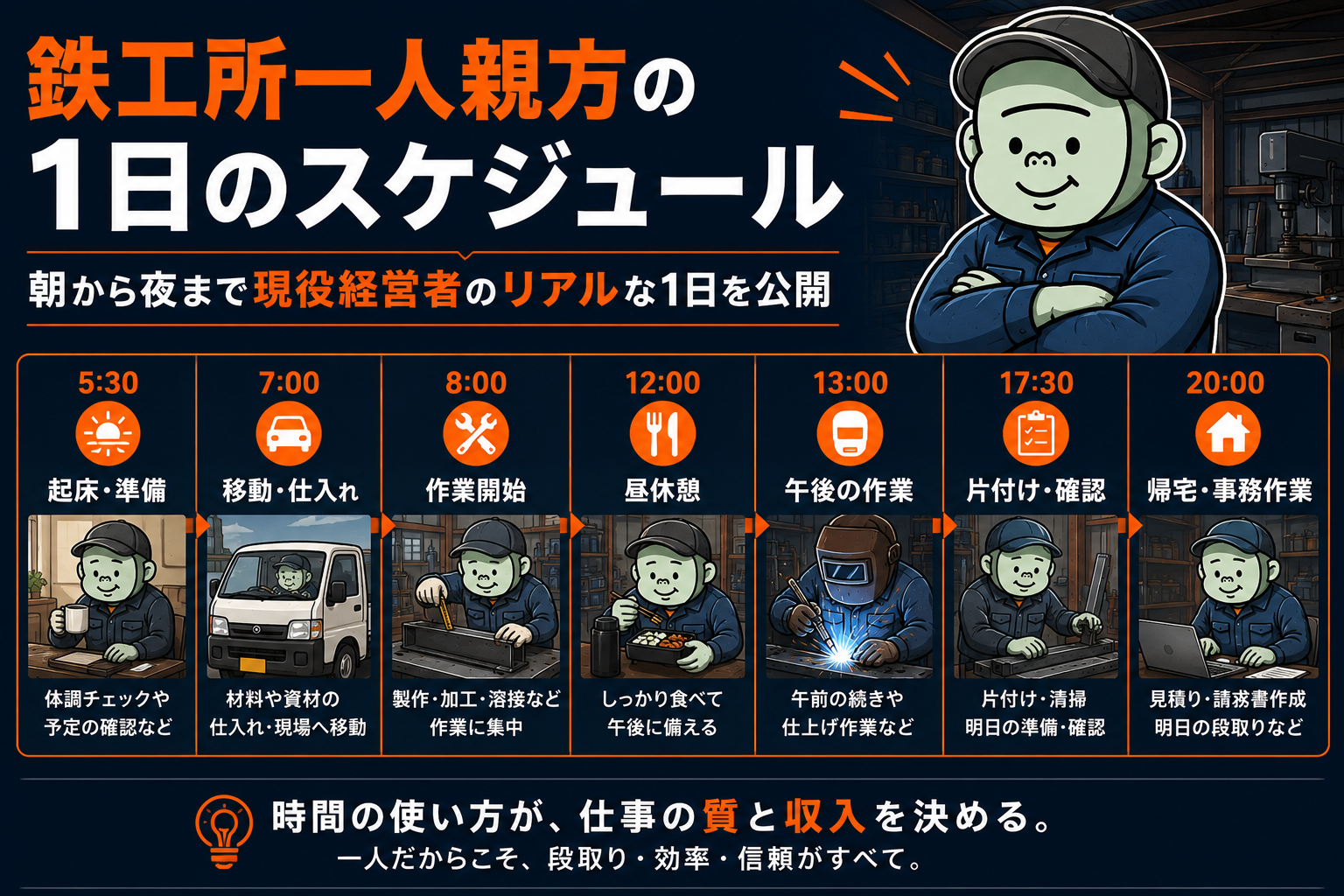 鉄工所一人親方の1日のスケジュール｜朝から夜まで現役経営者のリアルな1日を公開のアイキャッチ画像