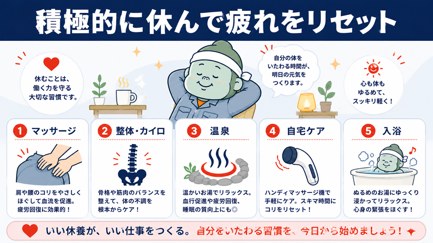 積極的に休む5つの方法(マッサージ・整体・温泉・自宅ケア・入浴)を示すイラスト