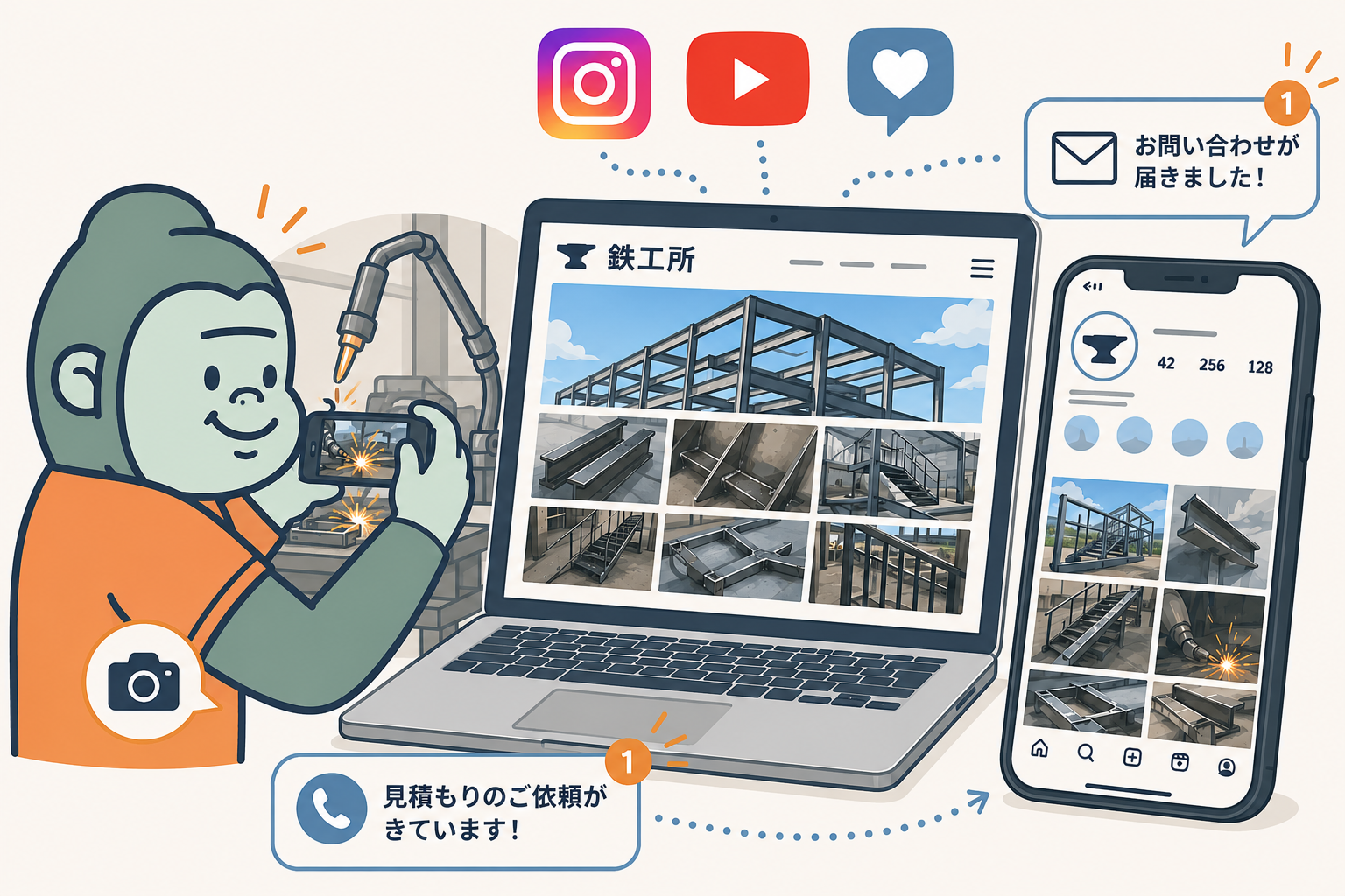 鉄工所がホームページやSNS（Instagram・YouTube）で施工事例を発信しWeb集客するイメージ