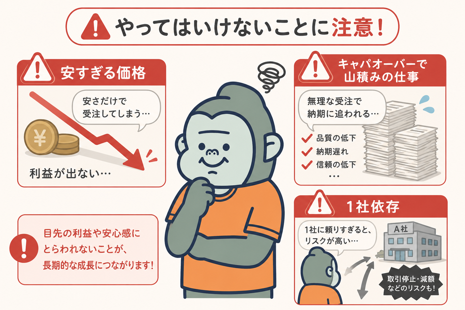 鉄工所がやってはいけない注意点（安すぎる価格・キャパオーバー・1社依存）を示すイメージ